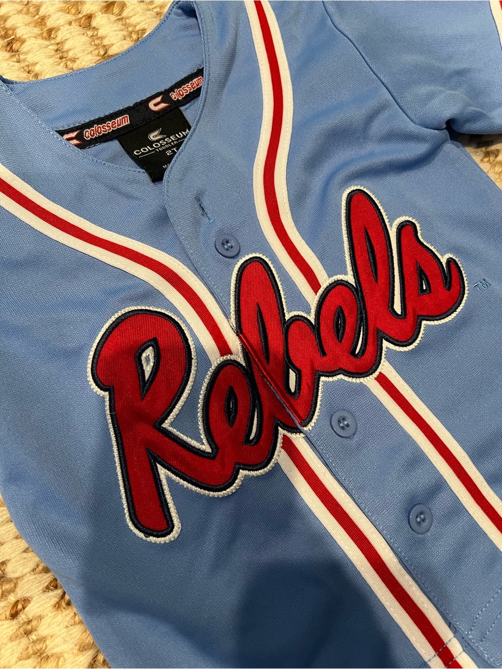 Ole Miss Kids Light Blue 'Rebels' Baseball Jersey with Red and White Trim